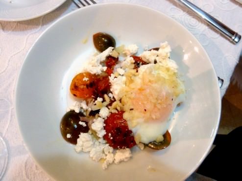 P1210694.JPG Soft egg, tomatoes in three colors served in three ways (fresh, roasted, and sun-dried, fennel and red onion salad, sheep fresh cheese and macadamia,