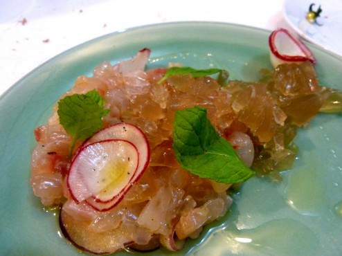 P1210716.JPG Sea bream tartar, radish stock jelly, radish flowers, mint.