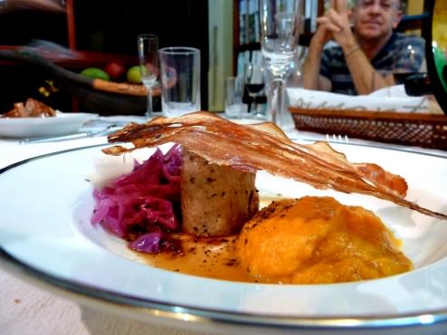 P1210767.JPG Pork tenderloin cooked sous-vide with butter, carrot pumpkin cream, red cabbage, wine vinegar and sesame oil, crispy bacon, reduction of veal stock, orange liqueur ginger and garlic.