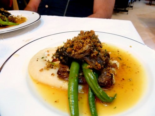 P1210816.JPG Terrine of lamb with mint, fine vegetables: green beans, champignon and shimeji mushrooms, cream of Jerusalem artichoke, lamb jus and crispy breadcrumbs.