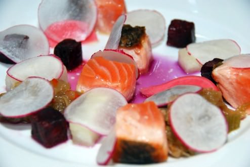 Winter candies: Fresh and pickled radish, turnips in butter, marmalade of fennel in Arak, roasted beets, salmon semi cooked, cabbage and ginger broth