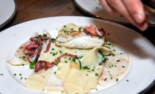 Seared calamari, pasta leaf, lemon confit, Turkish spinach, Beurre Blanc and sage sauce, chives