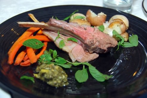 Lamb ribs, mint and chili chimichurri, baked Potatoes, garlic and honey roasted carrots