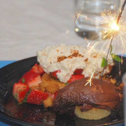 Valentine's dessert: creamy chocolate, strawberry mint salad, butter marzipan cookies, whipped mascarpone and strawberry sauce