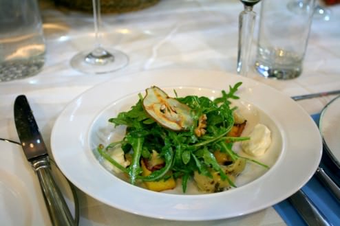Crispy polenta, artichoke cream and Italian artichoke, Baby Buffalo Mozzarella, rocket with walnut oil vinaigrette, pear Chips