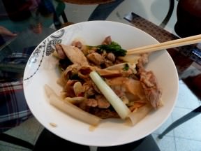 Stir-fry pork with Chinese greens, oyster mushrooms and almonds