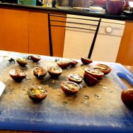 Cutting black tomatoes