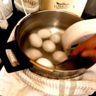 Eggs are cooked in low temperature to get a nice soft-egg texture