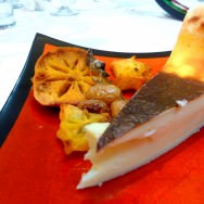 Tarte Flan sugar free, carambola, persimmon and yellow grapes baked with sage