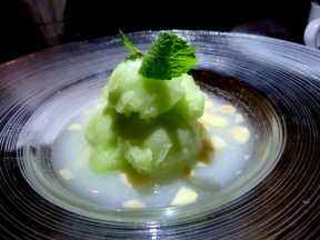 Melon sorbet in almond soup. A lighter and refreshing dessert that fitted my exploding tummy needs. It was a good balance with the chocolate heavy dish. The sorbet was very good but the soup had a small cyanide aftertaste.