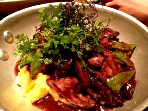 Scorched Chicken Liver, Mămăligă, Wild Mushrooms, Bacon, Asparagus in Butter (73 NIS).