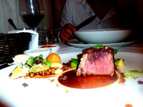 Mediterranean veal Fillet, olives-za'atar tapenade, young artichoke, garlic cream "kromesky", parsley coulis, Ratte fries, pearl onions filled with bulgur and herbs, red wine sauce (197 NIS).