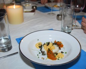 Chamomile panna cotta, five spices Hot - Cold butternut cream, candied pumpkin seeds