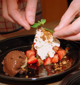 Valentine's dessert: creamy chocolate, strawberry mint salad, butter marzipan cookies, whipped mascarpone and strawberry sauce