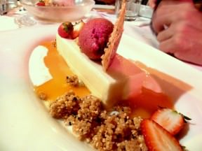 Tahini Panna Cotta with Black cherry sorbet and sesame nougat (43 NIS). Very nice dessert, reminds me a bit of Mizlala's desserts - beautiful and pleasureful but fit to at least two people. I liked the fact the panna cotta was covered in a white chocolate crust and the crumble was good. Didn't like the yogurt on the side - what's it doing there?