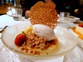 Carribean Creme Brulee scented with Tonka, topped with pineapple and coconut sorbet (43 NIS). Really good version of the everyday creme brulee. The sorbet was amazing. The crumble added here as well but less matching and feels a bit like an afterthought.