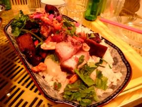 Crispy pork belly, served with rice, tofu and bok choy (58 NIS).