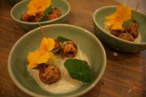 The Thai dish: Chicken ginger and coriander balls, green curry, lemongrass and coconut espuma, Capucine flower and leaf