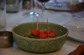 The Thai dish: Chicken ginger and coriander balls, green curry, lemongrass and coconut espuma, Capucine flower and leaf