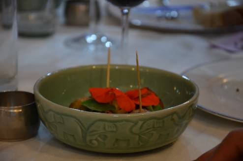 The Thai dish: Chicken ginger and coriander balls, green curry, lemongrass and coconut espuma, Capucine flower and leaf