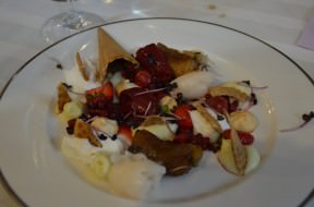 The French dessert: Crème Patissier, meringue, apple in butter and thyme, lychee and berries Sorbet, berries in syrup, whipped yogurt and waffle cone pieces