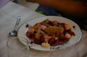 The French dessert: Crème Patissier, meringue, apple in butter and thyme, lychee and berries Sorbet, berries in syrup, whipped yogurt and waffle cone pieces
