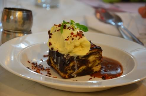 The English dessert: chocolate croissant bread-pudding, salty caramel, vanilla ice cream and bacon bits