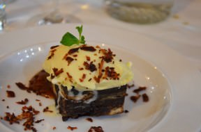 The English dessert: chocolate croissant bread-pudding, salty caramel, vanilla ice cream and bacon bits