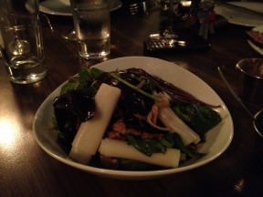 Sweet-Spicy Pork Salad with roasted pork, fresh leaves and Thai vinaigrette (45 ILS). Took us all by surprise.