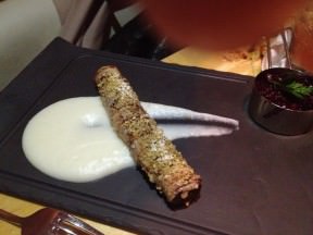 Veal "baklava" with delicate coconut cream, tahini and cinnamon (46 ILS). Overly sweetened.