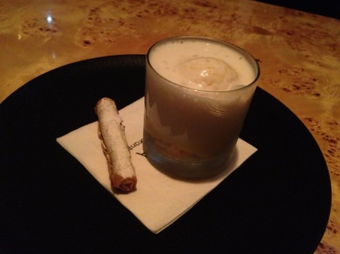 Coconut cappuccino with baked cheese, lemon cream and pineapple sorbet (48 ILS). Everything melted nicely together.