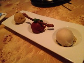 complimentary Trio of sorbet, casis, mango and coconut. Refreshing ending