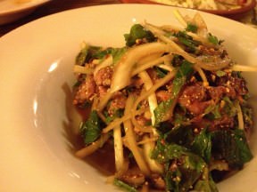 Naam Tuk Neua Sliced beef roasted in traditional ''I-San'' seasoning with mint leaves, purple onion, coriander, dry hot peppers & lime juice (68 ILS). Very much liked it.