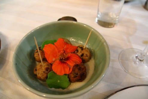 The Thai dish: Chicken ginger and coriander balls, green curry, lemongrass and coconut espuma, Capucine flower and leaf