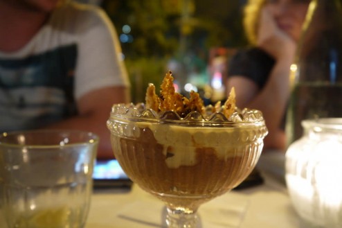 Bitter Chocolate Mousse and a White Coffee Sauce (38 ILS). Simple with a twist but still too plain.
